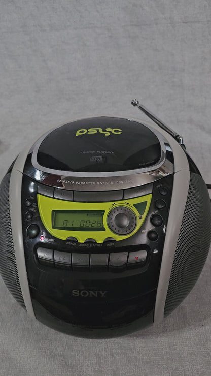 Sony PSYC CFD-E90 Boombox CD AM/FM Cassette AUX Remote Black/Yellow Mega Bass Portable Stereo System Tested Works Great Excellent Condition!