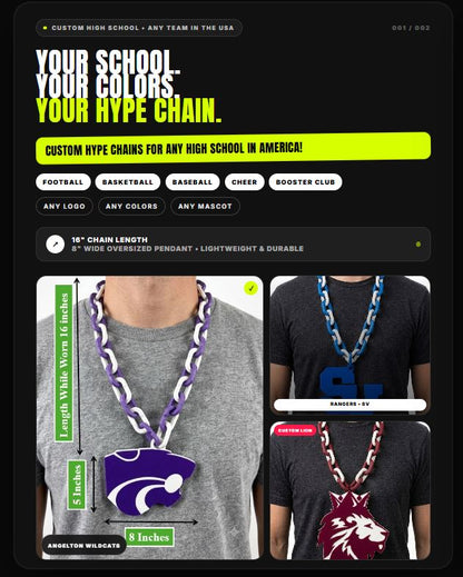 High School Hype Chain Necklace – 32" Chain Sports Cheer Fan Jewelry for Football Basketball Baseball Kids Youth Teens Adults Unisex