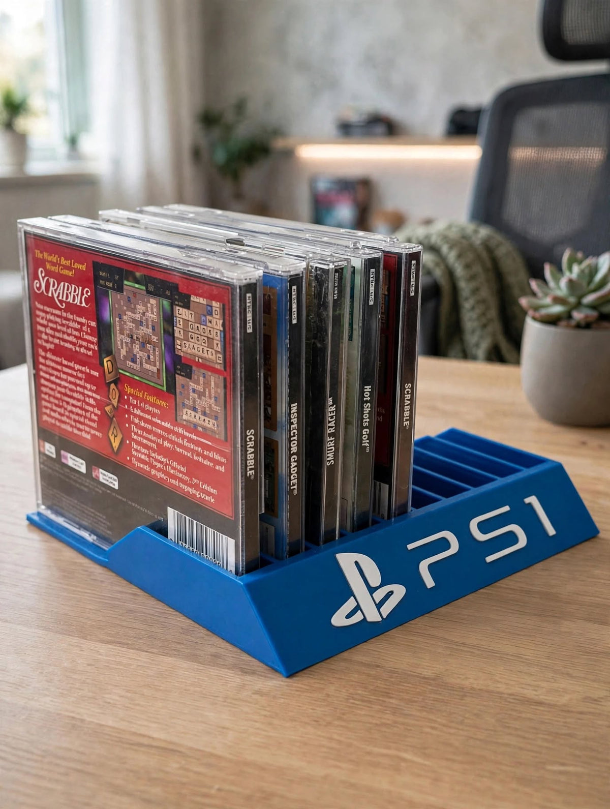 Sony PS1 Holder PlayStation 1 Videogame Organizer Space Saver Storage Display Rack Stand Console Collection Shelf Gaming Room Decor Tray Blue