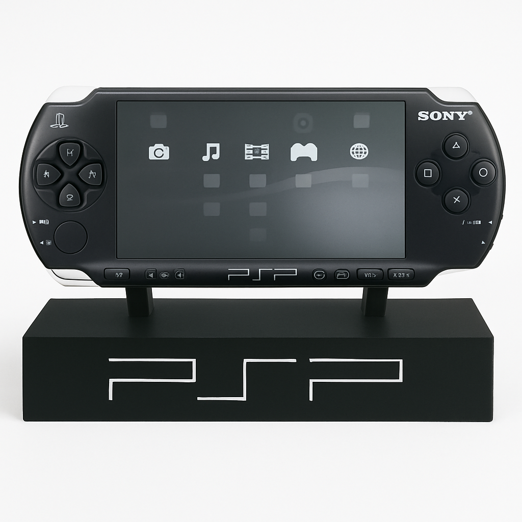Black Sony PSP gaming console on a white background