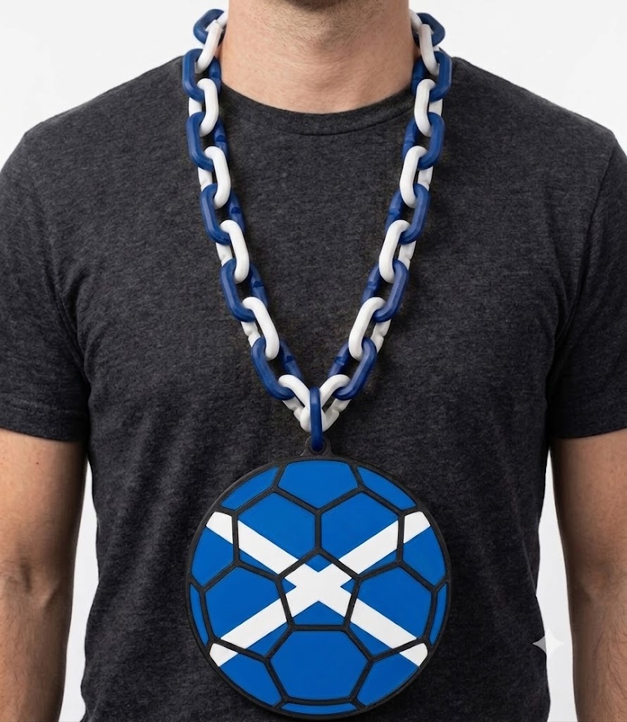 Scotland FIFA World Cup Hype Chain – 32" Soccer Football Fan Necklace with 8" Emblem, Tartan Army Blue White Gear