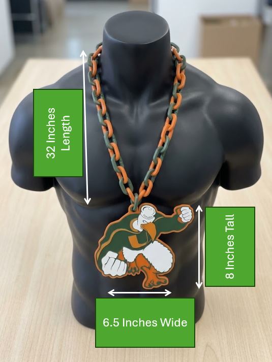 Miami Hurricanes Hype Art Chain Pendant 32 Inch Necklace Sebastian Ibis Football Canes Game Day Fan