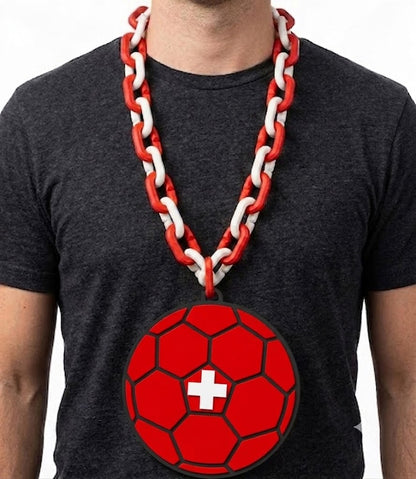 Switzerland Soccer Football World Cup Hype Chain Necklace - Swiss FIFA Jewelry | Switzerland Futbol Fan Chain for Matchday Fan Chain 32in with 8in Emblem