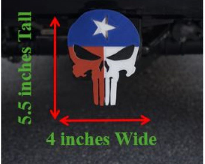 Punisher skull emblem on a vehicle with measurements indicated