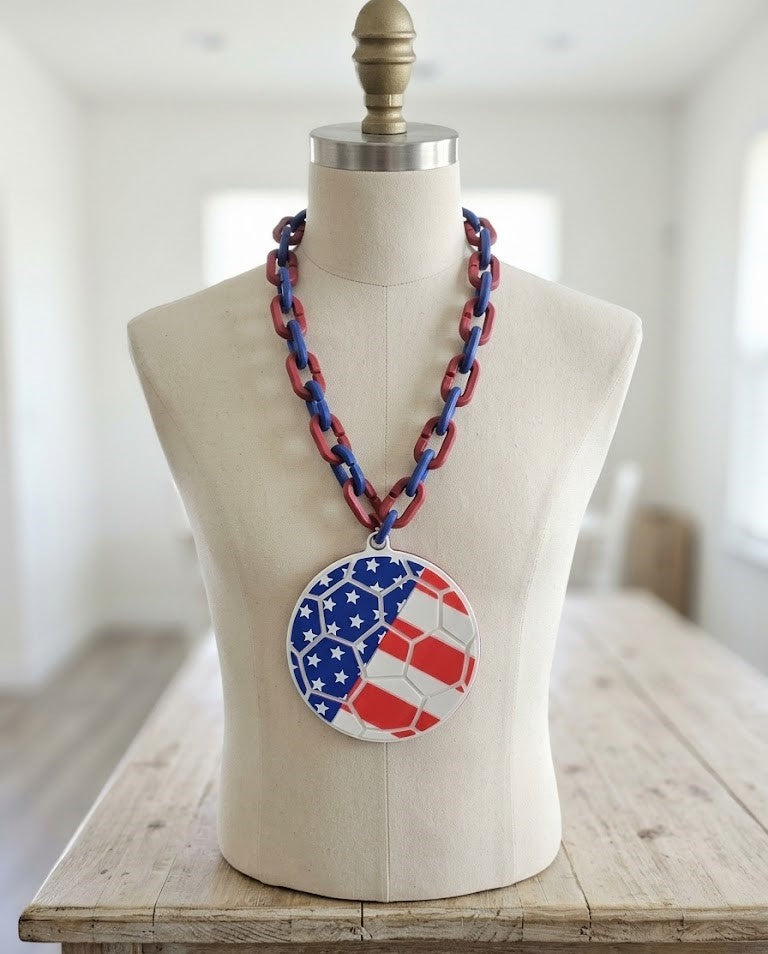 USA Flag Soccer Ball Hype Chain – 8" Pendant 32" Chain Stars and Stripes FIFA World Cup Necklace for USMNT USWNT Fans