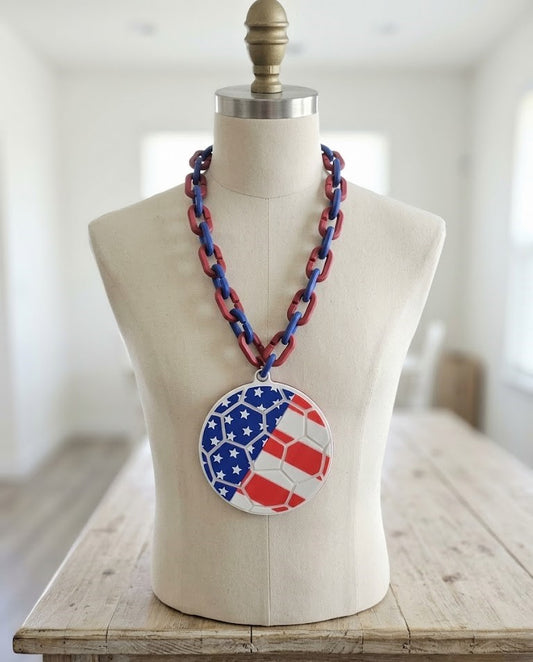 USA Flag Soccer Ball Hype Chain – 8" Pendant 32" Chain Stars and Stripes FIFA World Cup Necklace for USMNT USWNT Fans