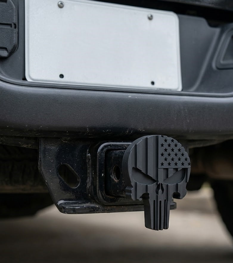 Dark Punisher Skull Flag Trailer Hitch Cover Plug for Truck Enthusiasts - Offroad Tactical Tow Receiver Armor Diesel 2x2 F150 Silverado Ram.