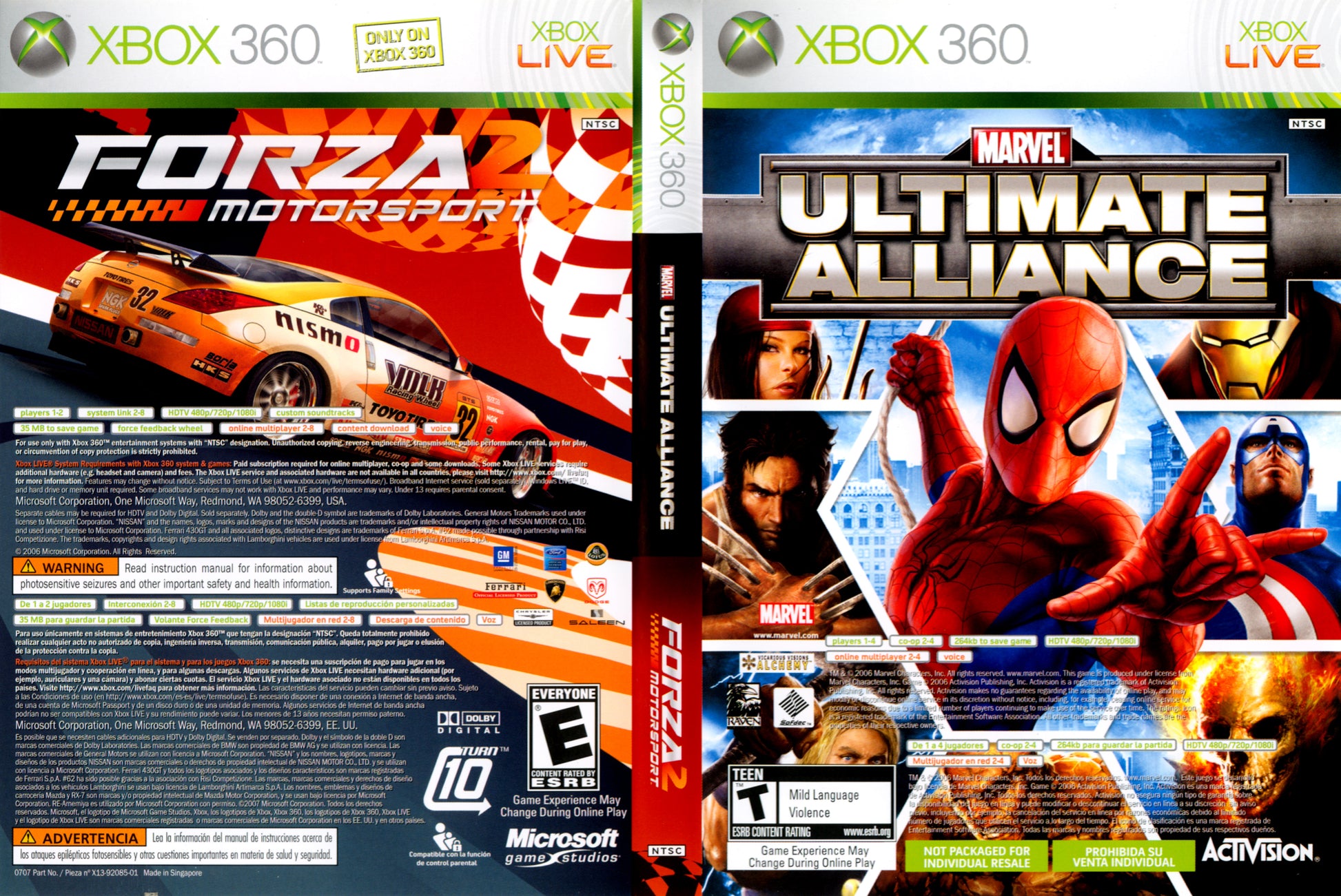 Two Xbox 360 game cases, one for 'Forza Motorsport' and the other for 'Marvel Ultimate Alliance'.