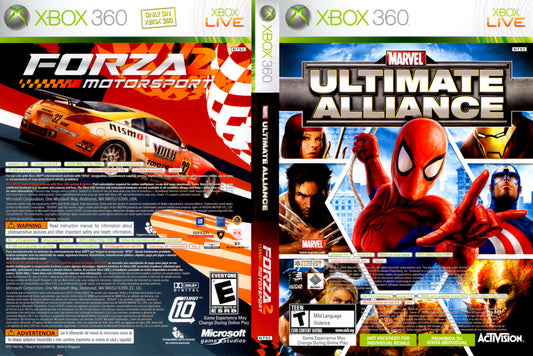 Two Xbox 360 game cases, one for 'Forza Motorsport' and the other for 'Marvel Ultimate Alliance'.